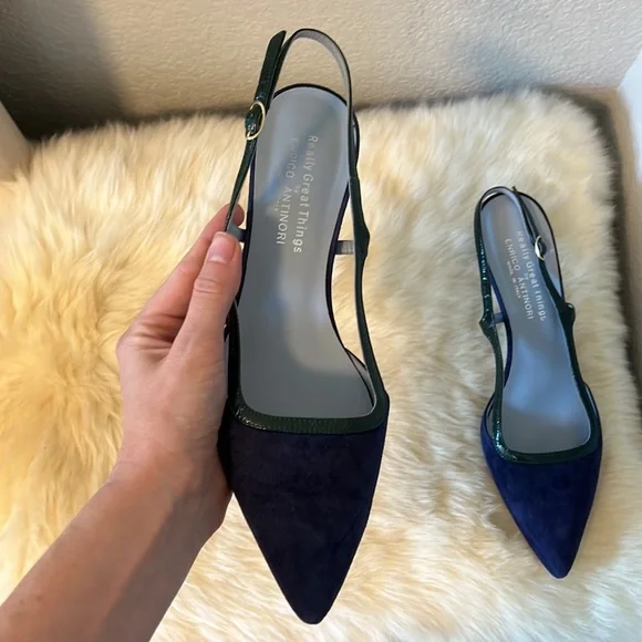 Italian | Enrico Antinori | Blue Green Velvet Leather Kitten Heel - Picture 6 of 11